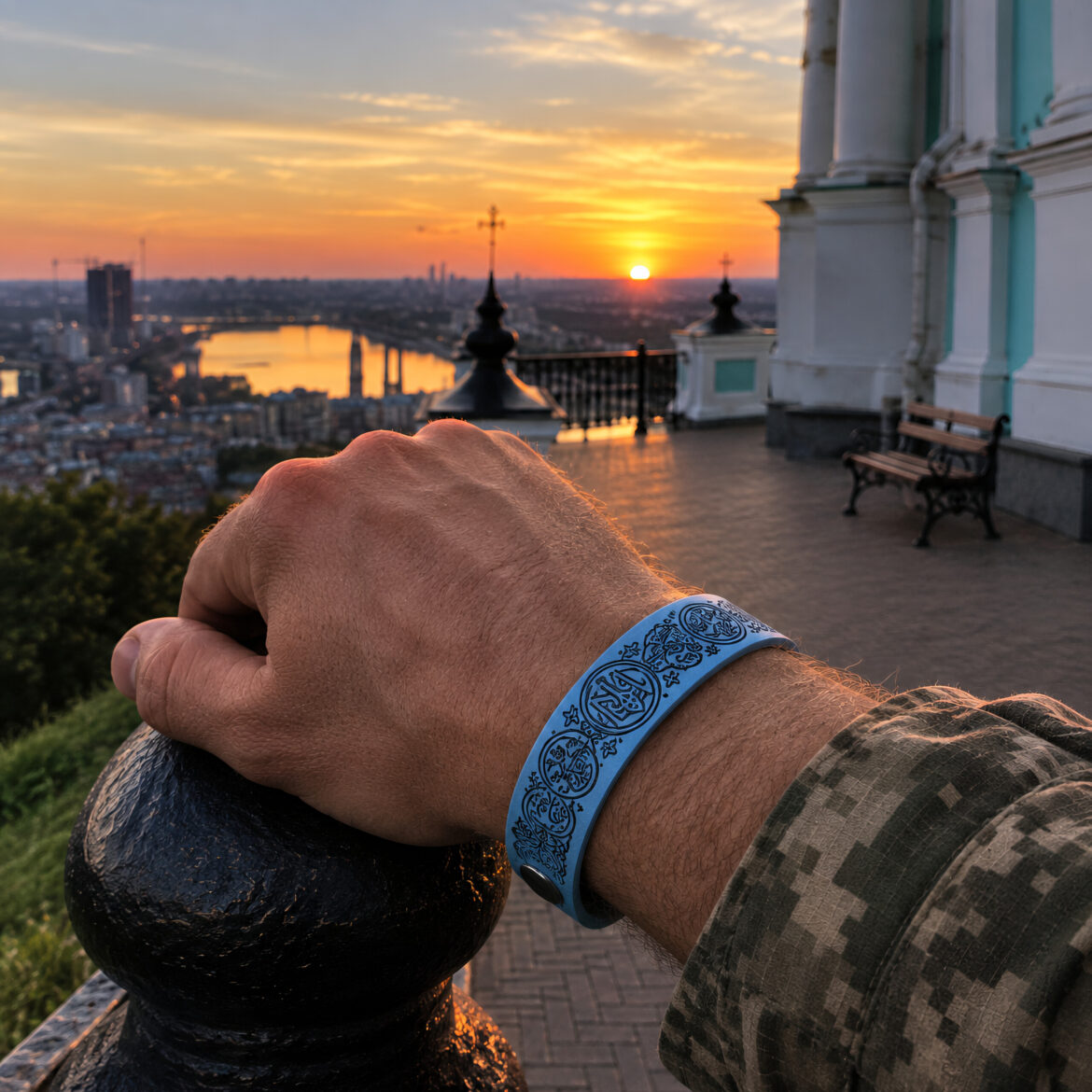 Чоловічий шкіряний браслет-оберіг з молитвами для військових та захисників України.